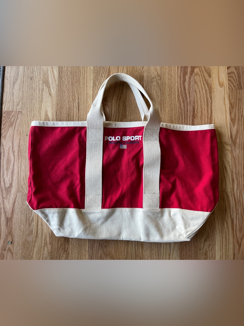 Vintage Polo Sport Ralph Lauren Canvas Tote Red Beige USA  Flag